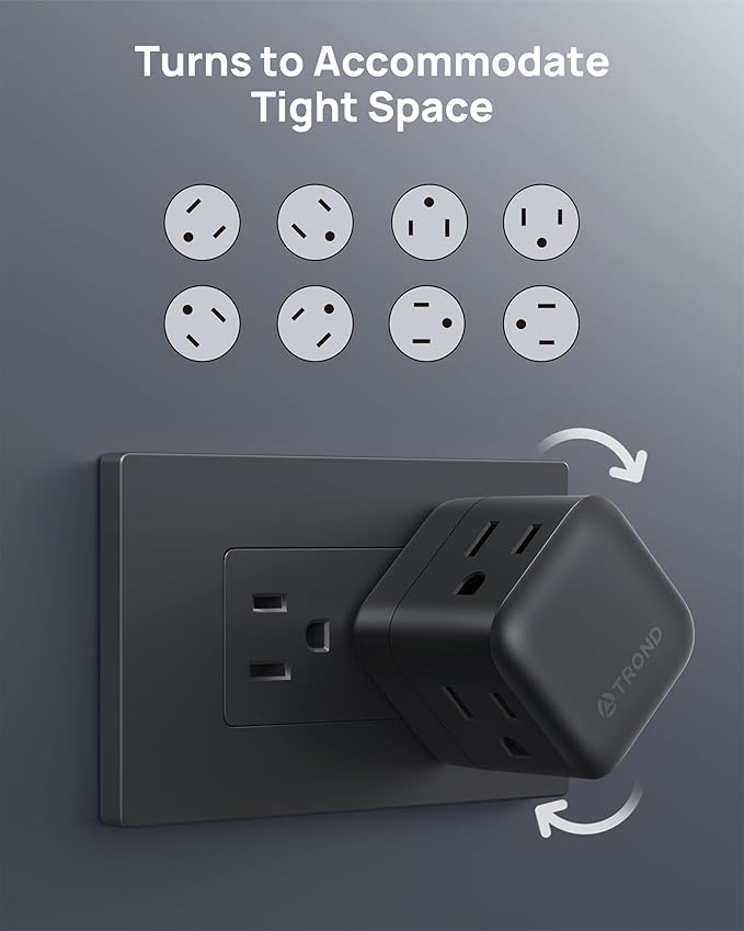 TROND Multi Plug Outlet Extender 2 Pack, 3 Way Outlet Splitter with 360 Rotating Plug, Turn One into Multiple Sideways Adapter, A Black Charging Station for Home Office with Dark Wall Decor