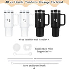 4 Pack 40 Oz Tumblers with Handle Bulk, Double Wall Vacuum Insulated Stainless Steel Tumblers with Lid and Straw, 40 oz Cups with Silicone Spill Proof Stopper Set (Black-2,White-2)