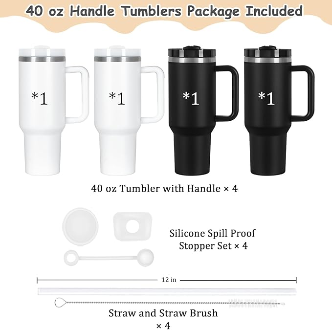 4 Pack 40 Oz Tumblers with Handle Bulk, Double Wall Vacuum Insulated Stainless Steel Tumblers with Lid and Straw, 40 oz Cups with Silicone Spill Proof Stopper Set (Black-2,White-2)