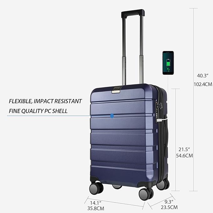 KROSER Hardside Expandable Carry On Luggage with Spinner Wheels & Built-in TSA Lock, Durable Suitcase Rolling Luggage with USB Port, Carry-On 20-Inch, Navy