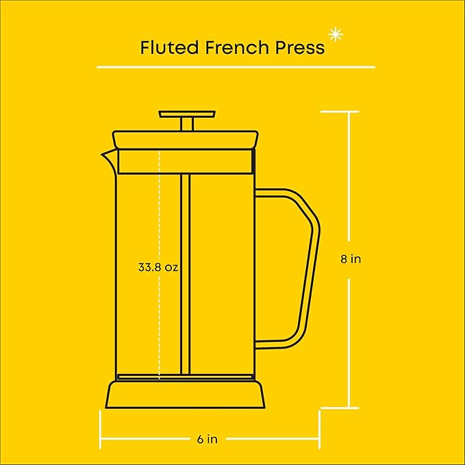 JoyJolt Fluted French Press Coffee and Tea Maker Set, 33.8oz Stainless Steel Press, Borosilicate Glass Coffee Press, Cold Brew Portable French Press, Tea Press, Large, clear