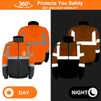 HYCOPROT Hi-Vis Safety Jacket for Men High Visibility Reflective Bomber Winter Waterproof Work Construction Coat ANSI Class 3