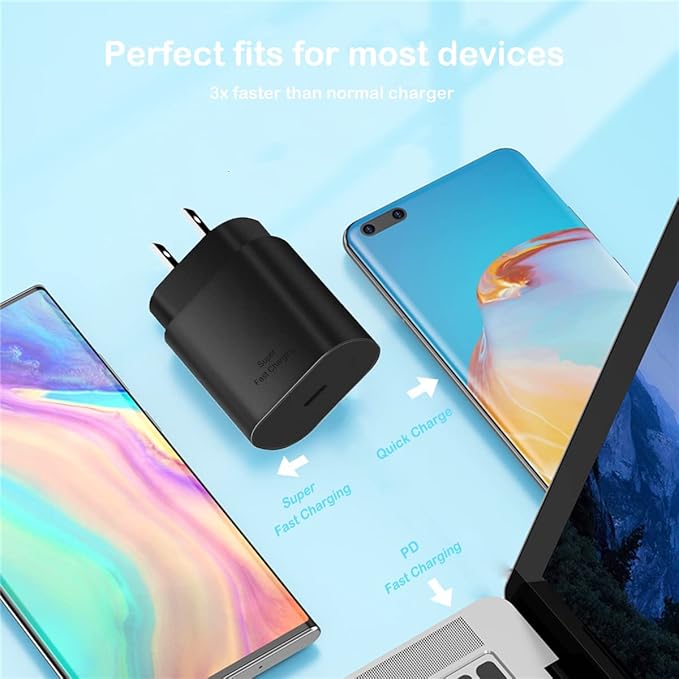 25W Super Fast Charger Type C Wall/Car Charger Combo Kit for Samsung Galaxy S26 S25 S24 S23 S22 S21 Ultra Plus A53 A52 A14 A25 A42 A32 Xcover 7 6 iPhone 17 16 15 Pro Max Pixel 10 9 8 Moto USB C Cable
