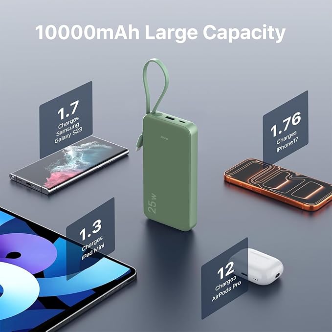 JUOVI 25W Portable Charger, 10000mah Power Bank Fast Charging with Built-in USB-C Cable, Battery Pack with LED Display, Portable Phone Charger for iPhone 17 16 15 14 Samsung S24 S23 iPad Tablets