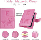 Passport Holder Cover Initail Letter A-Z Travel Wallet Embossed Design RFID Blocking Card Holder Personalized Gift Passport Cover Wallet, Passport Book Holders for Women and Girls, Pink-E