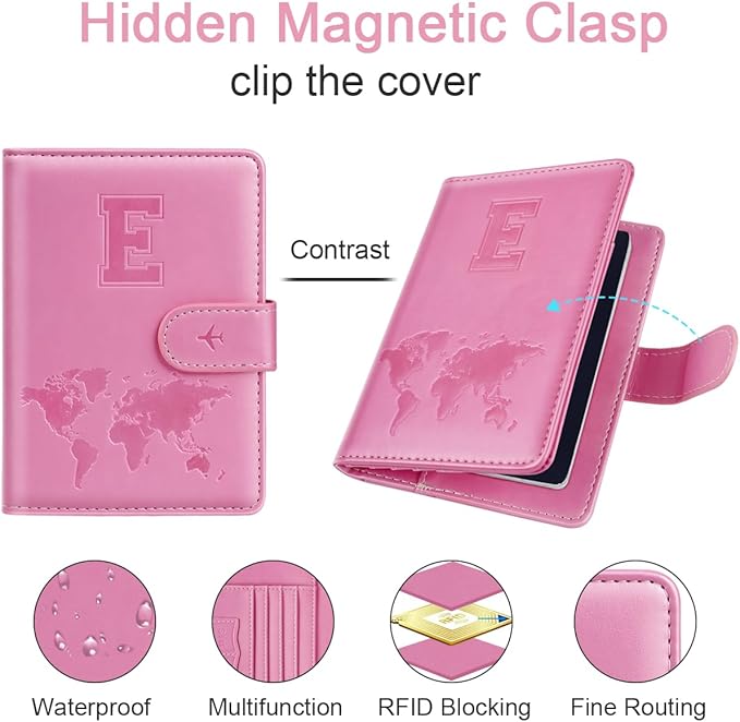 Passport Holder Cover Initail Letter A-Z Travel Wallet Embossed Design RFID Blocking Card Holder Personalized Gift Passport Cover Wallet, Passport Book Holders for Women and Girls, Pink-E
