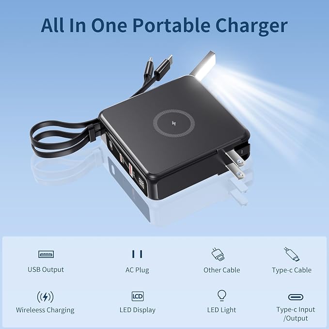 Wireless Charging Portable Charger with Built-in Cables & AC Wall Plug, 10000mAh Power Bank with LED light, PD 22.5W Fast Charging Travel Portable Charger for iPhone, Samsung, Android(No-Magnetic)