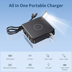 Wireless Charging Portable Charger with Built-in Cables & AC Wall Plug, 10000mAh Power Bank with LED light, PD 22.5W Fast Charging Travel Portable Charger for iPhone, Samsung, Android(No-Magnetic)