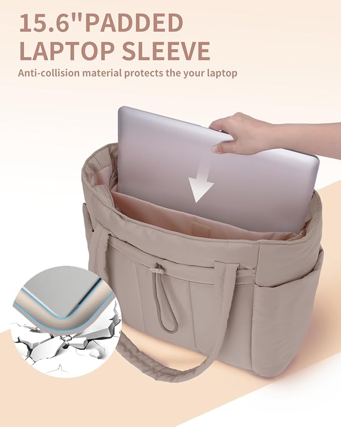 Wandering Nature Puffer Tote Bag with Cup Holder & Laptop Compartment & Trolley Sleeve for Travel, Work, Nurse, Women