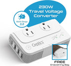 Ceptics 200 W Voltage Converter, Convert 220 V to 110V for Devices Like Curling Iron, Straightener, Chargers, Step Down World Power Plug - 4 USB PD 18W Fast Charging - EU/AU/UK/US Included