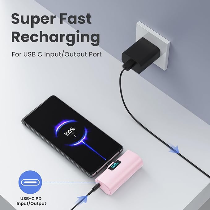 Mini Portable Charger USB C Power Bank,Upgraded 5500mAh PD Fast Charging Battery Pack Built-in USB-C Connector Travel Essential for iPhone17/17Pro/17Pro Max/Air/16 Plus/16Pro Max/15 Series -Pink