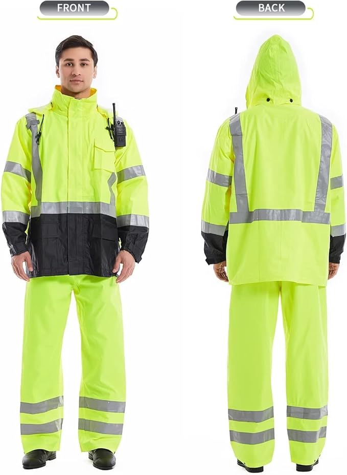SKSAFETY Hi Vis Safety Rain Jacket for Men, Construction Work Rain Gear Heavy Duty Class 3 Rain Coat Waterproof Lightweight