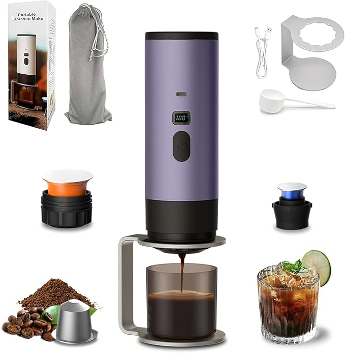 3-in-1 Portable Coffee Maker, 15 Bar Portable Espresso Machine with LED Display and 90ml Sink, Travel Coffee Maker Self-Heating Compatible with Ground Coffee & Capsules(Ns&DG) for RV, Office (Purple)
