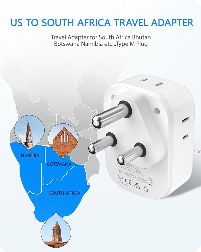 LENCENT South Africa Plug Adapter, Type M Adapter For South Africa with 4 American Outlets, 4 USB Ports(2 USB C), Type M Plug Converter for US to Bhutan Botswana Namibia Lesotho Nepal Sri Lanka