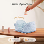 LOVEVOOK Travel Makeup Bag for Women, 2Pcs Puffer Waterproof Cosmetic Organizer, Large Capacity Pouch Open Flat Small Toiletry Bag with Brush Compartment & Handle (Blue, Large)