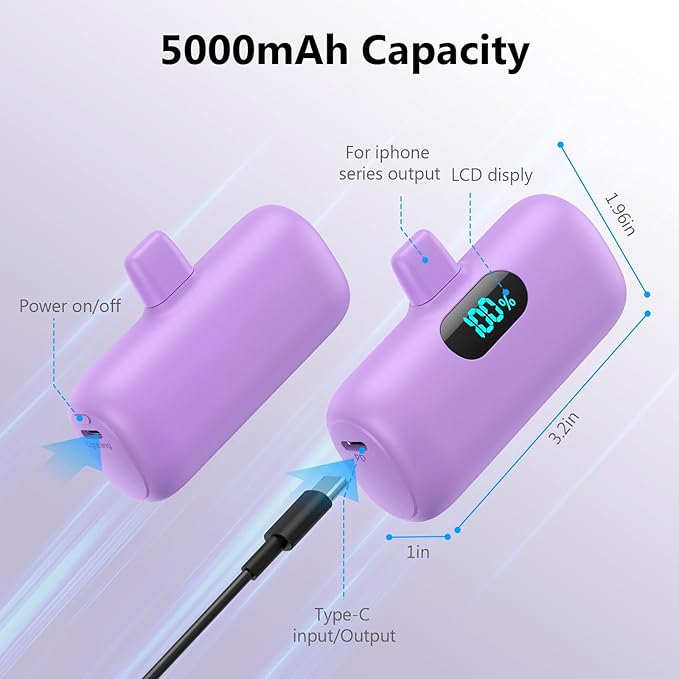 [2 Pack] Mini Portable Charger 5000mAh,Ultra-Compact 15W PD Fast Charging Power Bank,LCD Display Cute Battery Pack Backup Charger Compatible with iPhone 14/14 Pro Max/13 Pro/12/11/XR/8/7-Green+Purple