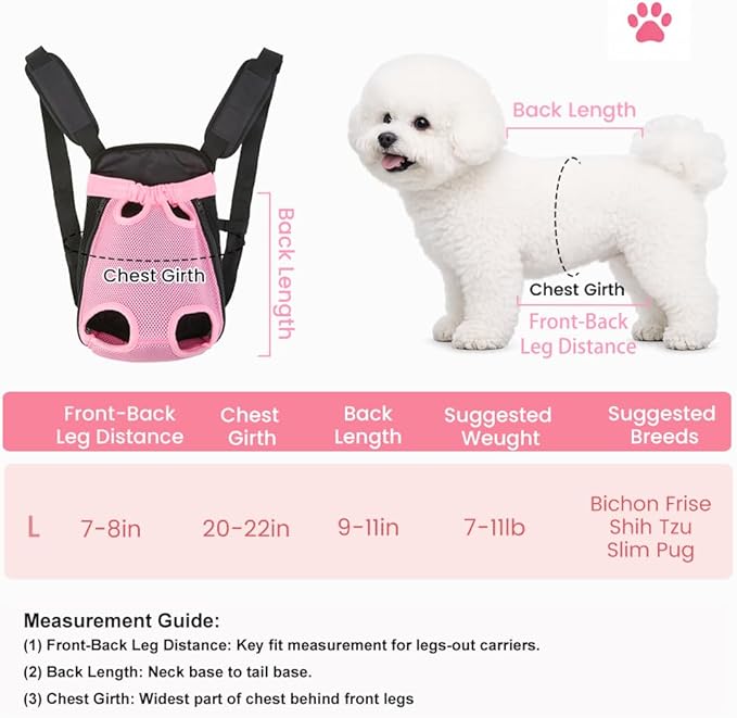 Inspack Dog Backpack Carrier/Cat Carrier, Adjustable Pet Front Carriers Travel Bag for Puppy Medium Dogs, Legs Out, Soft Ventilated Doggie Chest Carry Backpacks for Hiking/Camping, 7-11 lbs, Pink