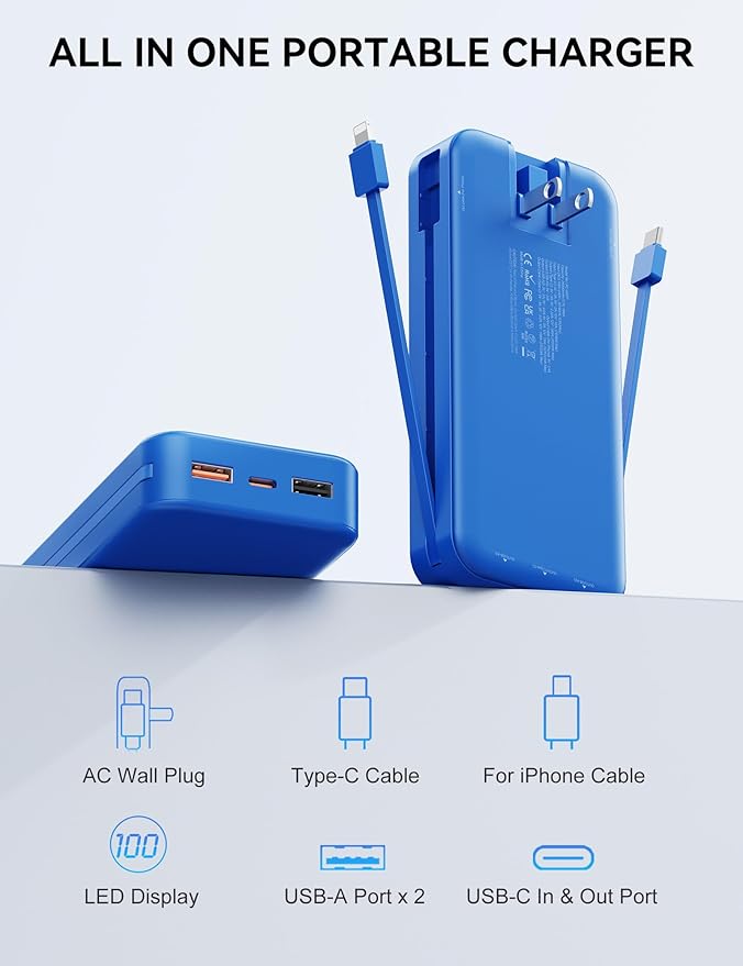 Portable Charger, 20000mAh 22.5W Fast Charging Power Bank with Built-in Cables & Wall Plug, USB C External Battery Pack with LED Display, Travel Essentials Phone Charger for iPhone iPad Samsung Navy