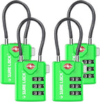 SURE LOCK TSA Approved Combination Luggage Locks with Open Alert Indicator – Durable Zinc Alloy Cable Travel Locks with Large Easy-Read Dials for Suitcases, Backpacks & Gym Bags（Green 4 Pack）