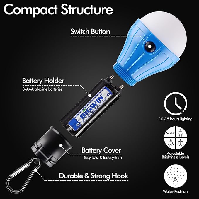 FLY2SKY Tent Lamp Portable LED Tent Lights Blue 4 Packs Hook Hurricane Emergency Lights LED Camping Lights Bulb Camping Tent Lanterns Camping Equipment for Camping Hiking Backpacking Fishing Outage