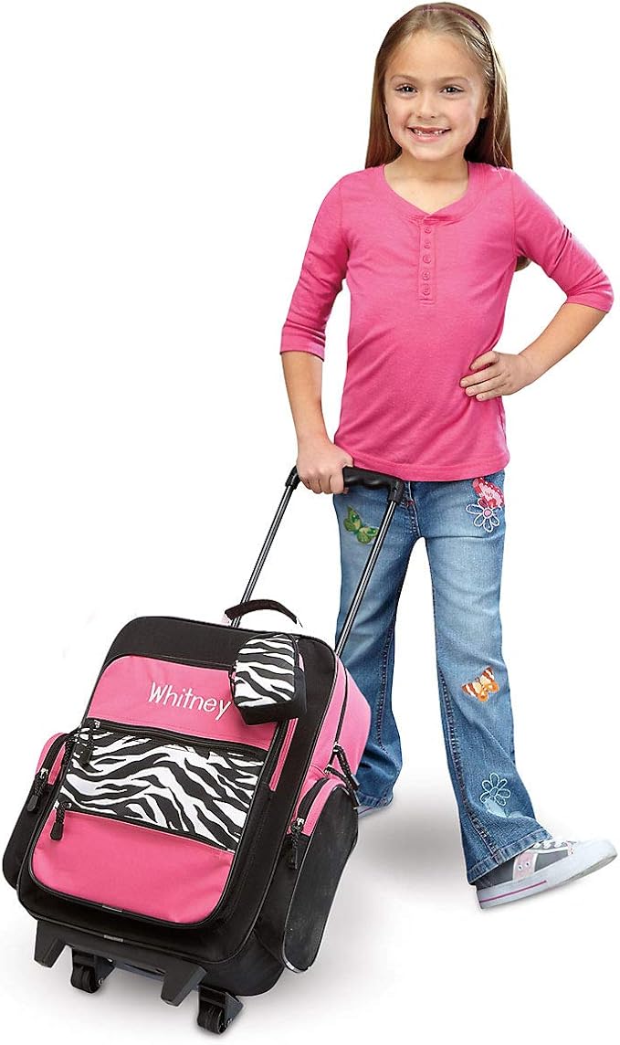 Lillian Vernon Personalized Rolling Luggage for Kids, 5-Pocket Hot Pink & Zebra Print Design Suitcase Set With Clip-On Pouch, Customizable Girls Travel Carrier on Wheels, 5.5" W x 12" L x 18" H