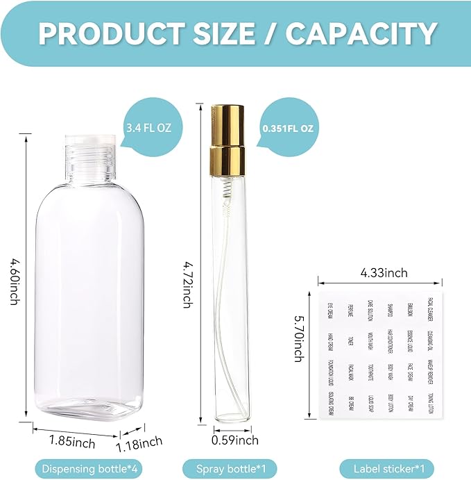 Travel Bottles for Toiletries, 100ml/3.4 fl oz Squeezable Refillable Clear Leakproof PET Travel Containers Bottles Perfume Bottle with Flip Cap for Men and Women (5)
