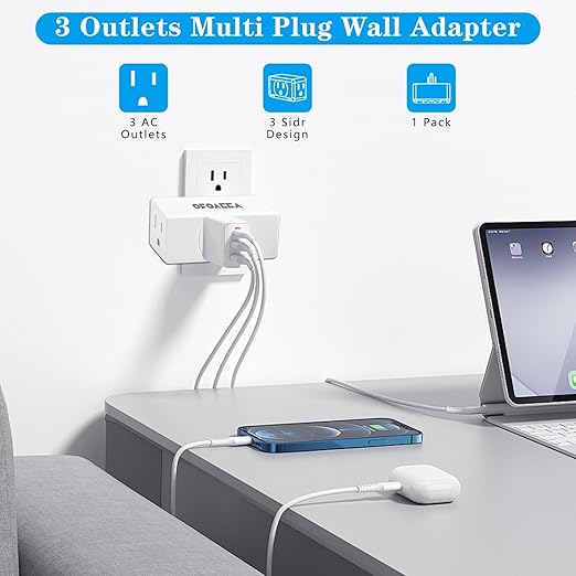 3 Way Plug, Multi Plug Outlet, 3 Outlet Adapter, 3 Outlet Extender, Outlet Splitter, Multi Plug Wall Outlet, Wall Outlets Extender, for Ship Home Office White (1 Pack)
