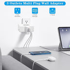 3 Way Plug, Multi Plug Outlet, 3 Outlet Adapter, 3 Outlet Extender, Outlet Splitter, Multi Plug Wall Outlet, Wall Outlets Extender, for Ship Home Office White (1 Pack)