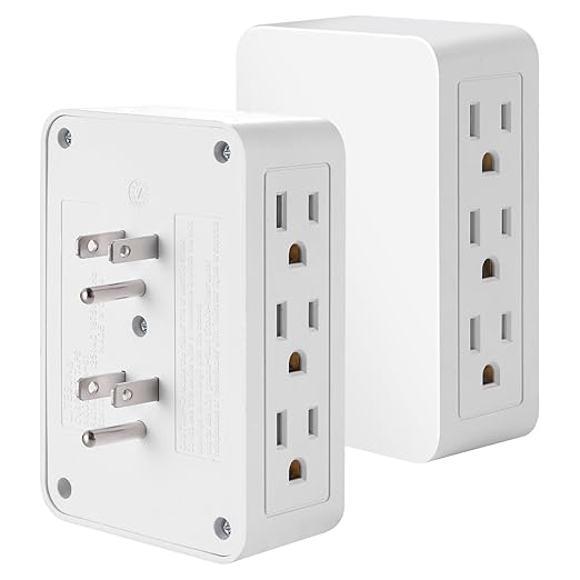 FiiMan 6 Outlet Wall Adapter, UL Listed 3-Prong Grounded Outlet to The Side, Wall Plug Side Access Adapter, 6 Way Outlet Extender Tap, White (2)