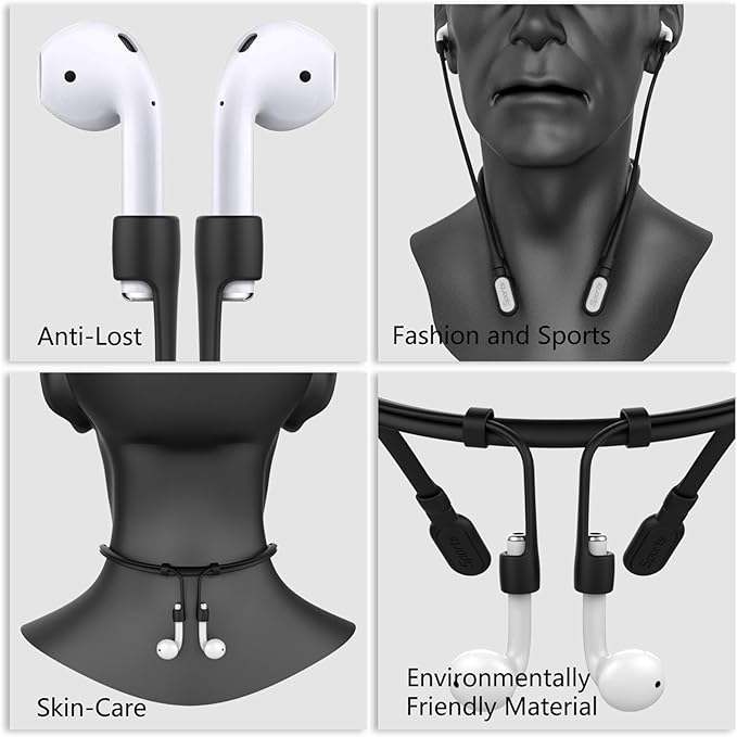 Compatible with for Airpods Pro 3 Strap, Silicone Anti-Lost Neck Strap Wire Cable Connector Sports Neckband for Airpod Pro 3/2/1, Airpods 4, 3, 2, 1, Black with White