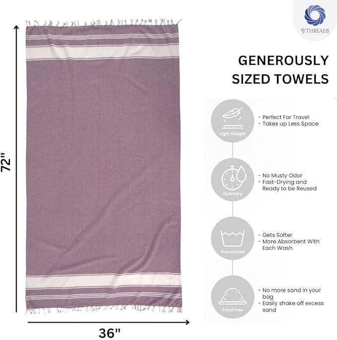 Cotton Turkish Beach Towel with Towels Oversized 36"x72" Pool Absorbent Extra Large Quick Dry Sand Travel Towel (Purple, 2 Pack)