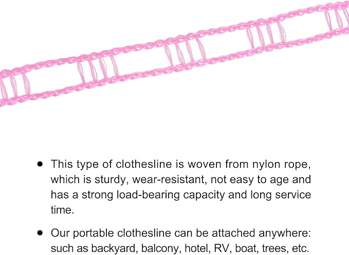 uxcell Portable Clothesline, 26.24ft Nylon Windproof Non-Slip Washing Line Rope for Courtyard Outdoor Travel Camping Laundry Drying, Pink