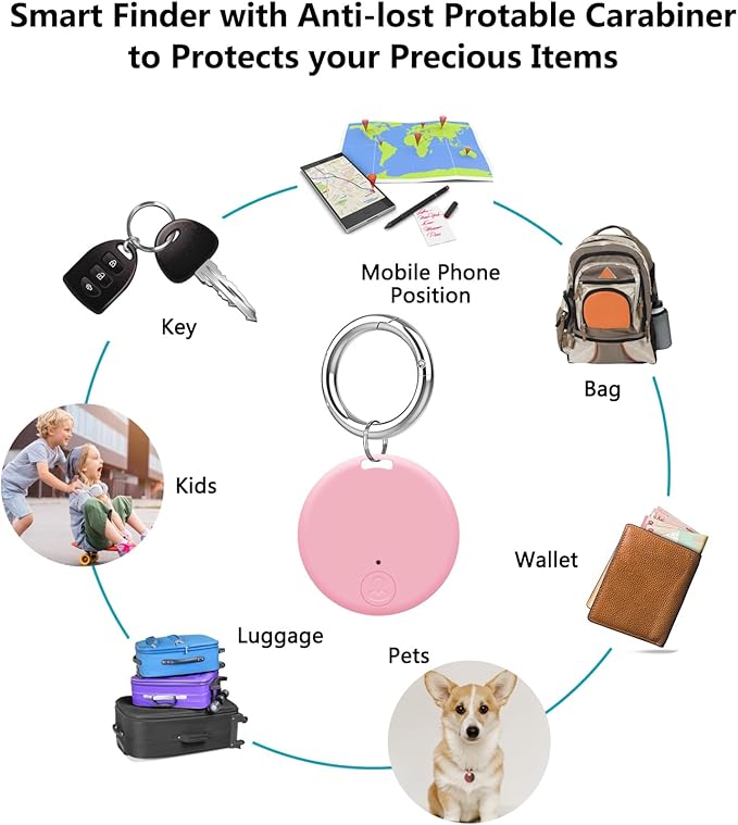 Aircawin Mini GPS Tracker C, Key Item Finder Locator,No Monthly Fee App for iOS/Android 2023 Latest,Portable Anti-Lost Bluetooth Tag Item Tracker for Luggages/Kids/Pets/Phone/Wallet/Bag-1Pcs-Pink