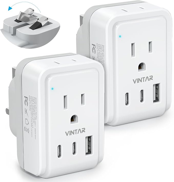 2 Pack US to UK Ireland Plug Adapter, VINTAR Foldable Type G Power Adapter, UK Travel Adaptor with 2 Outlets and 3 USB(2 USB C Ports) for England Scotland Ireland London Dubai Singapore Hong Kong