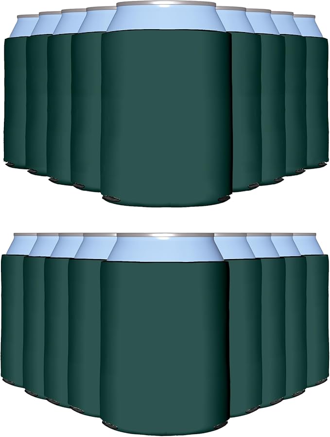 PartyPrints 100 Pack Hunter Green Blank Can Cooler Sleeves, Customizable Bulk Insulated Foam for Beer, Collapsible Plain Drink Holder, Cold Soda Insulator, 12oz Regular, 16oz Tall Cans
