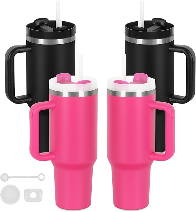 4 Pack 40 Oz Tumblers with Handle Bulk, Double Wall Vacuum Insulated Stainless Steel Tumblers with Lid and Straw, 40 oz Cup with Silicone Spill Proof Stopper Set (Black-2,Hot Pink-2)