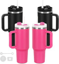 4 Pack 40 Oz Tumblers with Handle Bulk, Double Wall Vacuum Insulated Stainless Steel Tumblers with Lid and Straw, 40 oz Cup with Silicone Spill Proof Stopper Set (Black-2,Hot Pink-2)