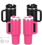 4 Pack 40 Oz Tumblers with Handle Bulk, Double Wall Vacuum Insulated Stainless Steel Tumblers with Lid and Straw, 40 oz Cup with Silicone Spill Proof Stopper Set (Black-2,Hot Pink-2)