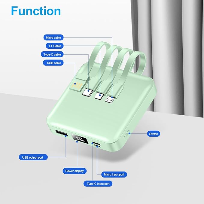 ummz Portable Charger with Built-in Cable,12000mAh 22.5W Fast Charging Small Power Bank,USB C Input/Output with Smart LED Display,External Battery Pack for iPhone,Tablet,Samsung