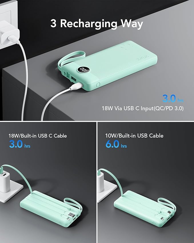 VRURC Portable Charger with Cables for iPhone, 22.5W Fast Charging USB C Power Bank 10000mAh, Compact Cell Phone Battery Pack with Cords for iPhone 17 16 15 14 13,Samsung Galaxy-Green(1 Pack)