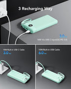 VRURC Portable Charger with Cables for iPhone, 22.5W Fast Charging USB C Power Bank 10000mAh, Compact Cell Phone Battery Pack with Cords for iPhone 17 16 15 14 13,Samsung Galaxy-Green(1 Pack)