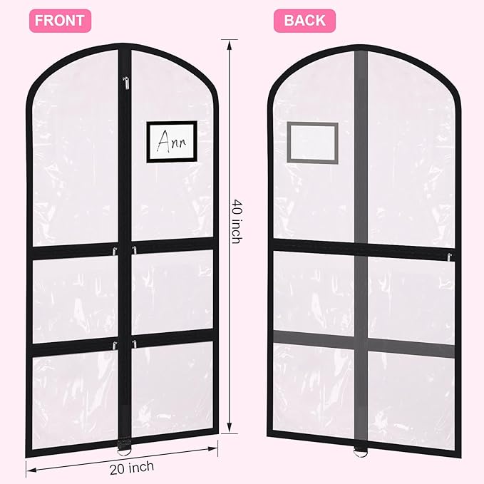 Woanger 6 Pcs Garment Bags for Dance Costumes Clear PVC with Zippers Garment Bag with Pockets Dance Costume Organizer Carrier for Storage Cover for Adult(Transparent,20'' X 40'')