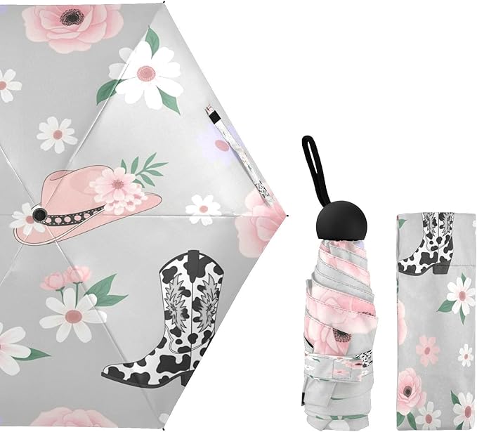 Cowboy Boots Pattern Umbrellas for Rain Windproof Small Folding Compact Mini Travel Umbrella for Purse Lightweight Portable Pocket for Women