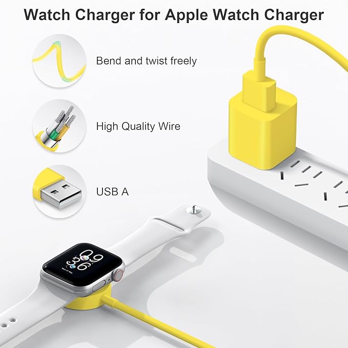 Fast Charger for Apple Watch Charger, Magnetic iWatch Charger to USB A Cable 3.3FT with USB A Wall Plug Adapter for Apple iWatch Series Ultra/10/9/8/7/6/SE/5/4/3/2 (Yellow)