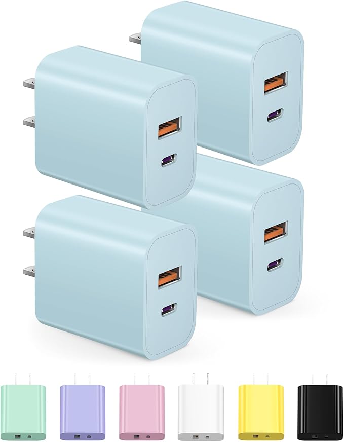 USB C Charger Block Charging Block Type C Charge 20W Wall Chargers 4 Pack for iPhone 16/16 Plus/16 Pro/16 Pro Max/iPhone 15/15 Pro/15 Pro Max/14/13/12 Pro/Samsung//Android(Blue)