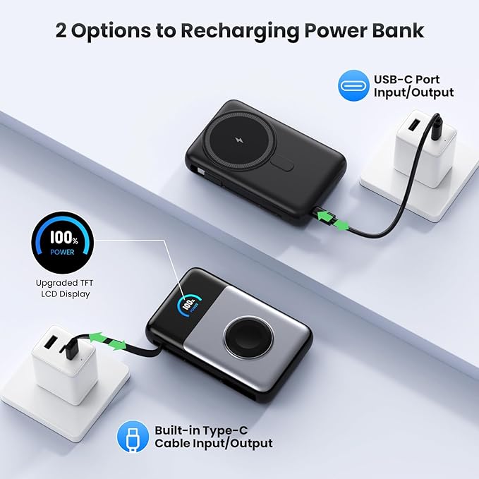 Magnetic Portable Charger 10800mAh with Built-in Cables, 15W Wireless Power Bank for Magsafe,30W PD Fast Charging USB-C Travel Essential Battery Pack for iPhone 17/16/15/14/13/12 Series