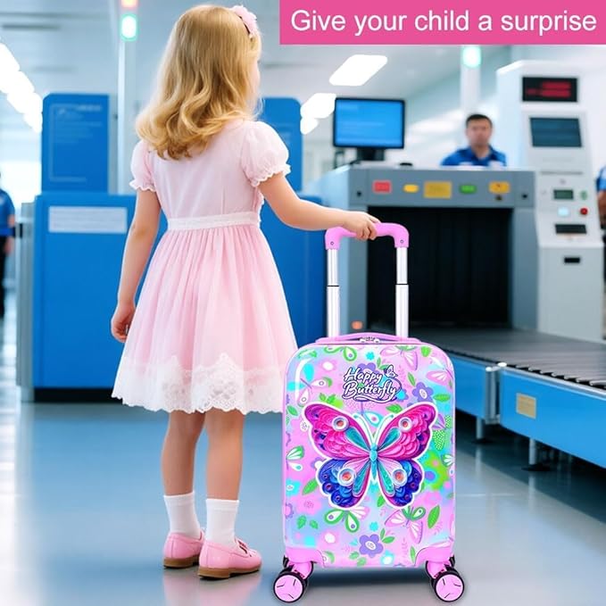 5Pcs Kids Luggage Set, 16" Girls Travel Suitcase with Spinner Wheels, Butterfly Hardside Carry on Toddler Rolling Suitcase Airline Approved（Pink）