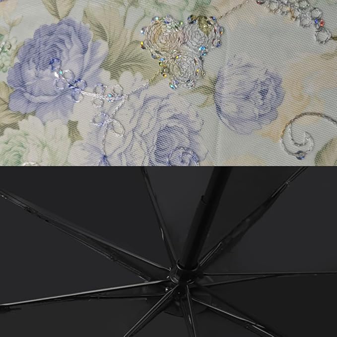 Floral Lace Folding Compact Umbrella - UV Protection Sun Flower Fancy for Women Girls, Portable Travel for Walking, Tea Party, Photo Shooting