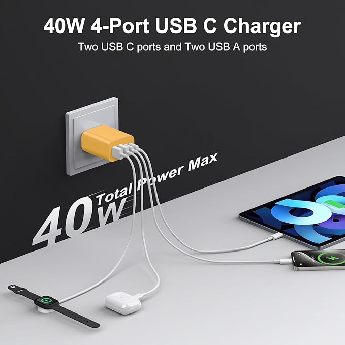 USB C Charger Block, 3-Pack 40W Wall Plug Fast Charging Block, 4-Port PD + QC Power Adapter Type C Charging Blocks Cube, Compatible with iPhone 17/16/15/14/13/12/11/Pro Max, Tablets（Yellow）