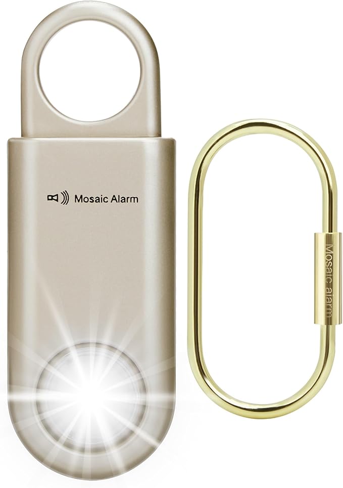 135dB Rechargeable Personal Safety Alarm Strobe Light Flashlight Keychain Siren for Women, Girls, College, School Students Emergency SOS Alerts Loud Sound Hiking Alarm Torchlight Bear Deterrent. Gold